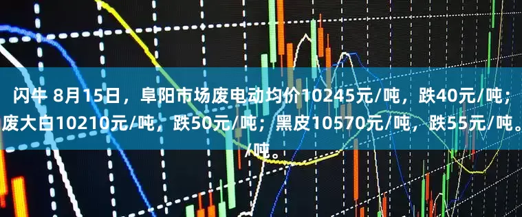 闪牛 8月15日，阜阳市场废电动均价10245元/吨，跌40元/吨；废大白10210元/吨，跌50元/吨；黑皮10570元/吨，跌55元/吨。